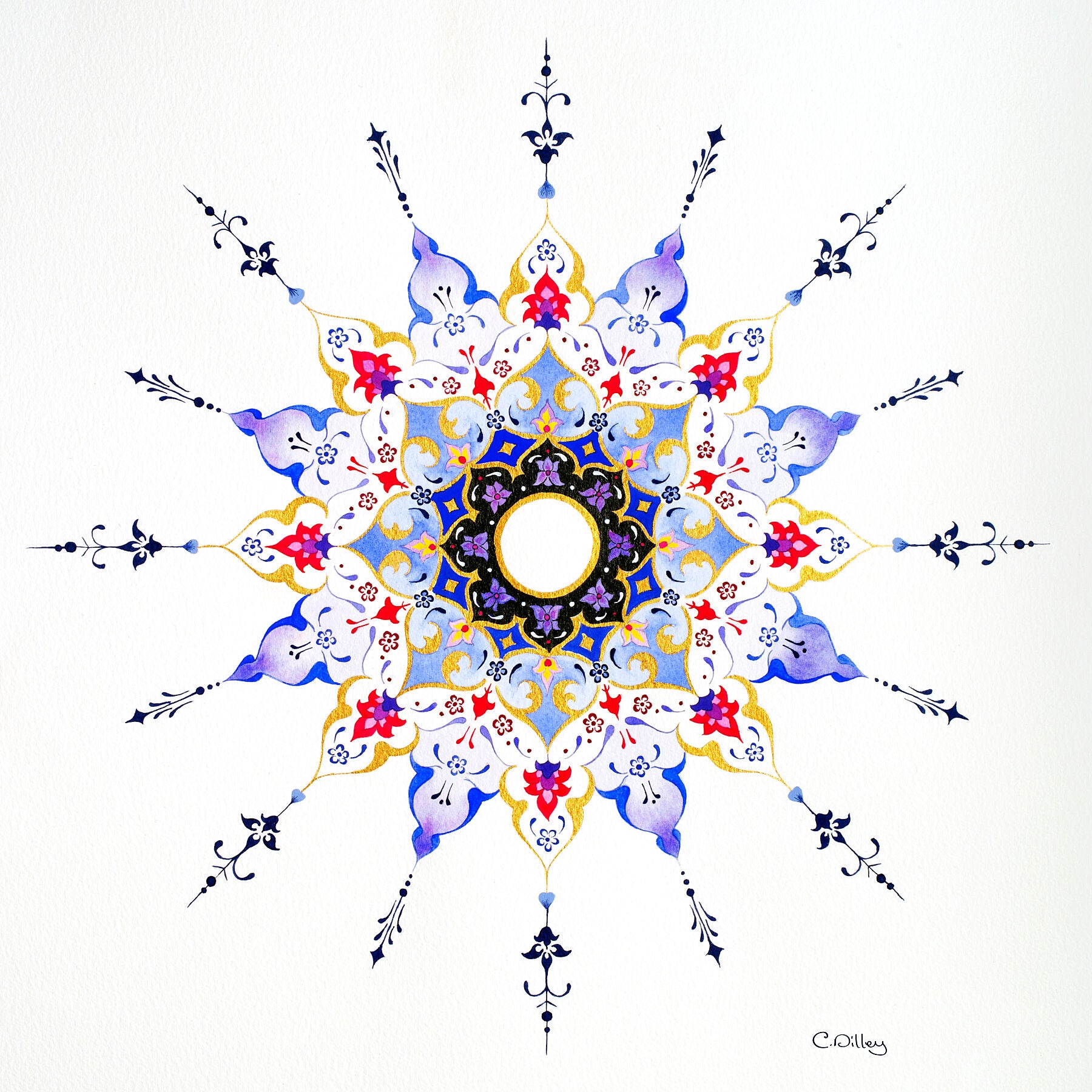 Elegant art print of mandala design, hand-painted in gold and purple