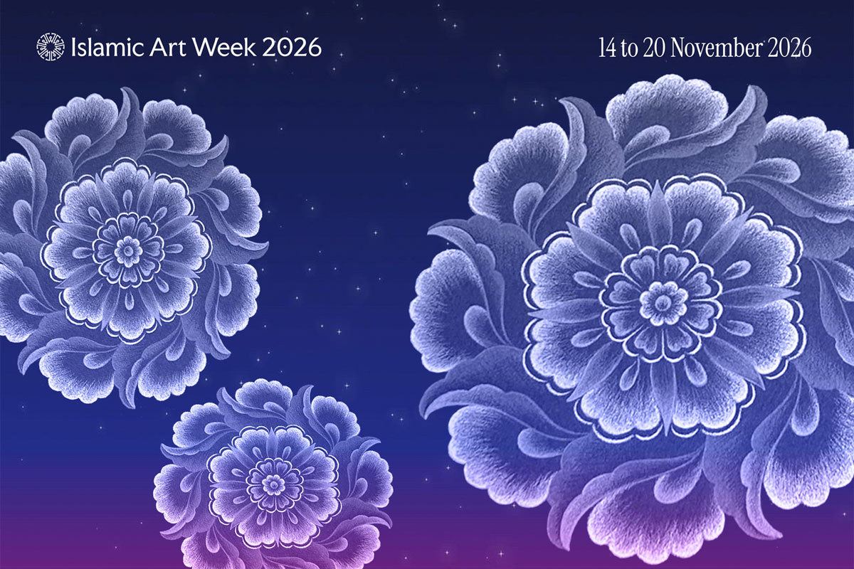 Promotional graphic for Islamic Art Week 2026 featuring three stylized floral motifs by Charlotte Dilley in shades of lavender, purple, and blue against a dark starry gradient background, with event text 'Islamic Art Week 2026' and dates '14 to 20 November 2026'.