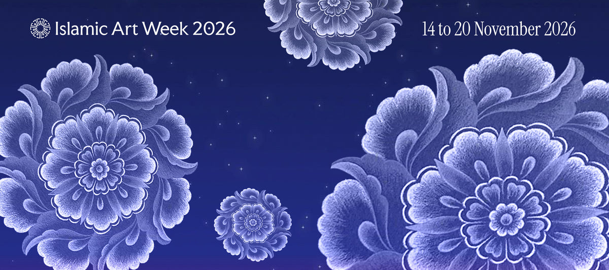 Promotional graphic for Islamic Art Week 2026 featuring three stylized floral motifs by Charlotte Dilley in shades of lavender, purple, and blue against a dark starry gradient background, with event text 'Islamic Art Week 2026' and dates '14 to 20 November 2026'.