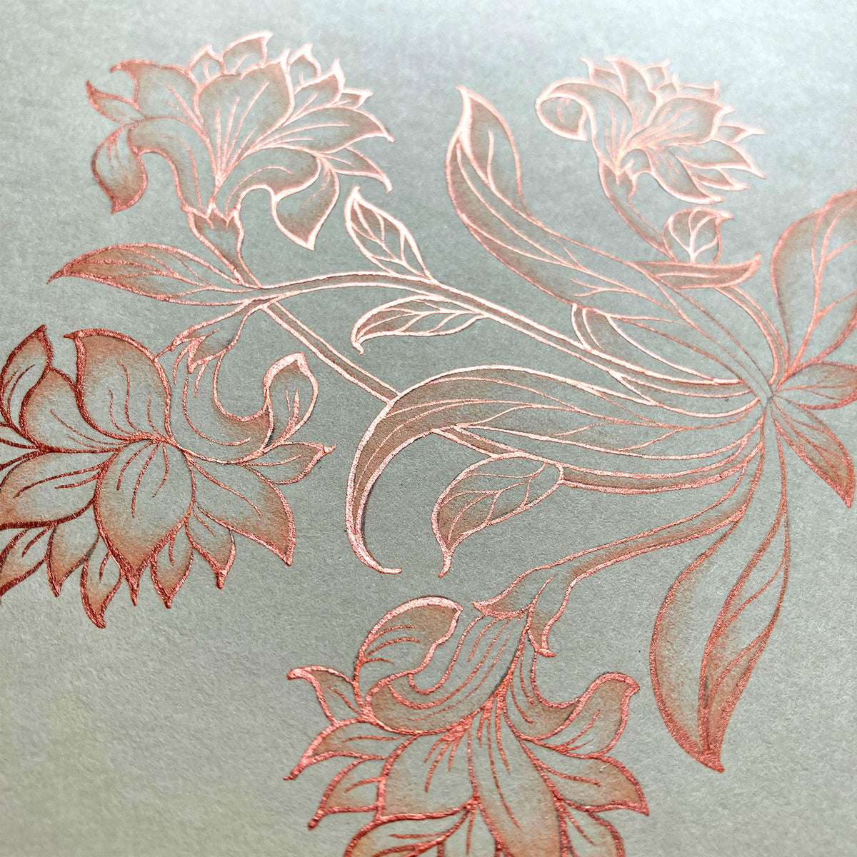 detailed brushtrokes of floral and leaf motifs painted in shimmering metallic orange watercolour by Charlotte Dilley