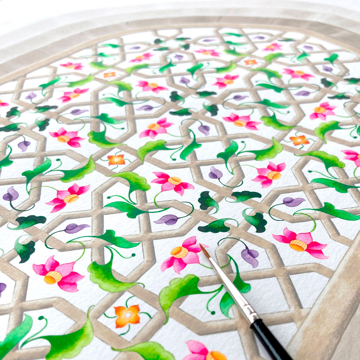 vibrant pink and green watercolour painting showing the structured geometry lattice underneath untamed floral motifs
