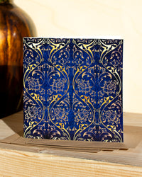 Square, blue and gold christmas card with ornamental pattern