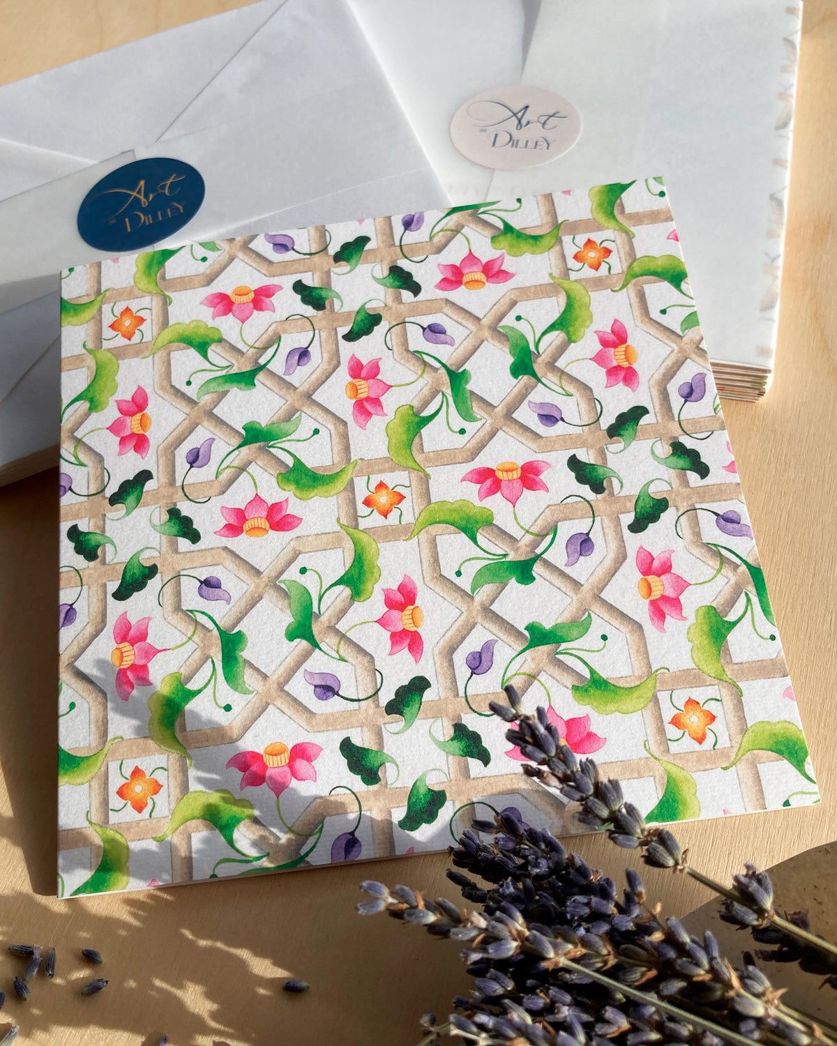 Fine art card summer floral colours and geometric design