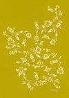 Elegant art print of white, spiralling leaves and floral motifs against a chartreuse background