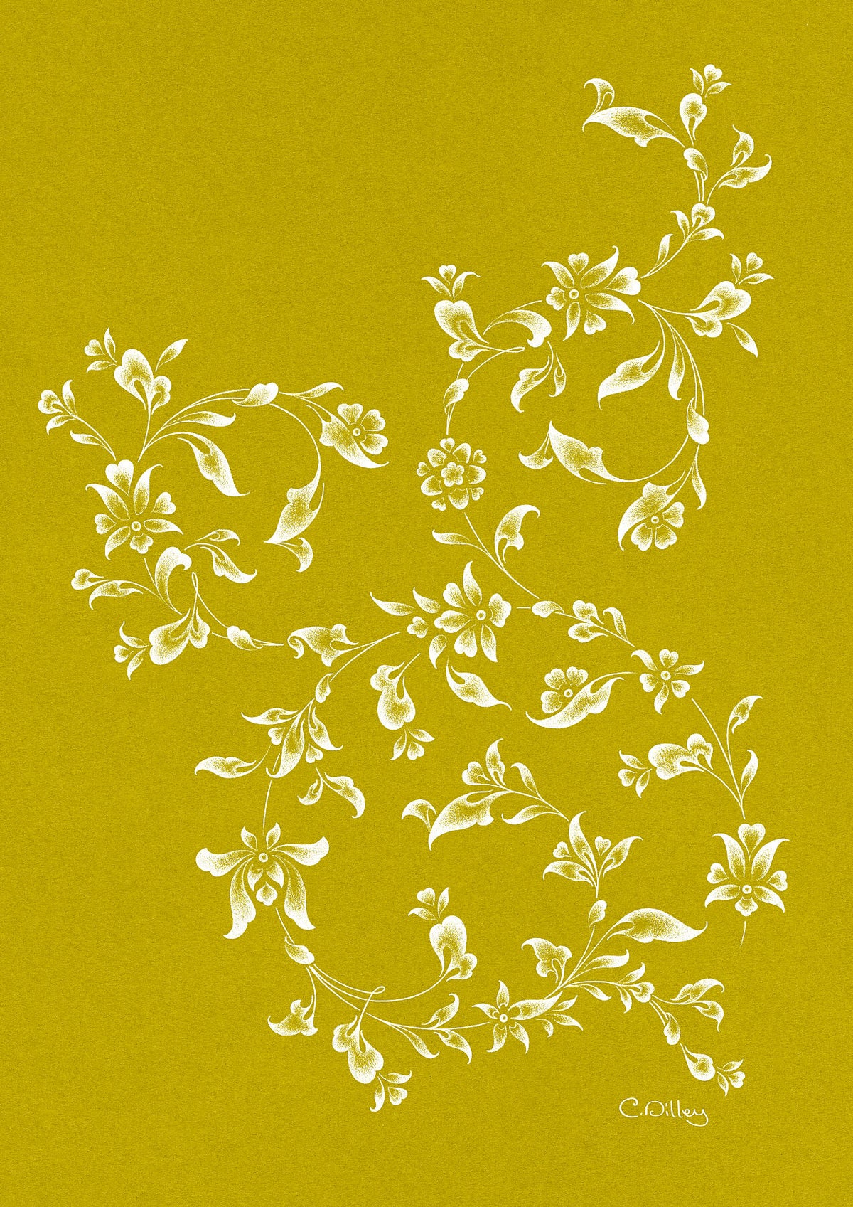 Elegant art print of white, spiralling leaves and floral motifs against a chartreuse background