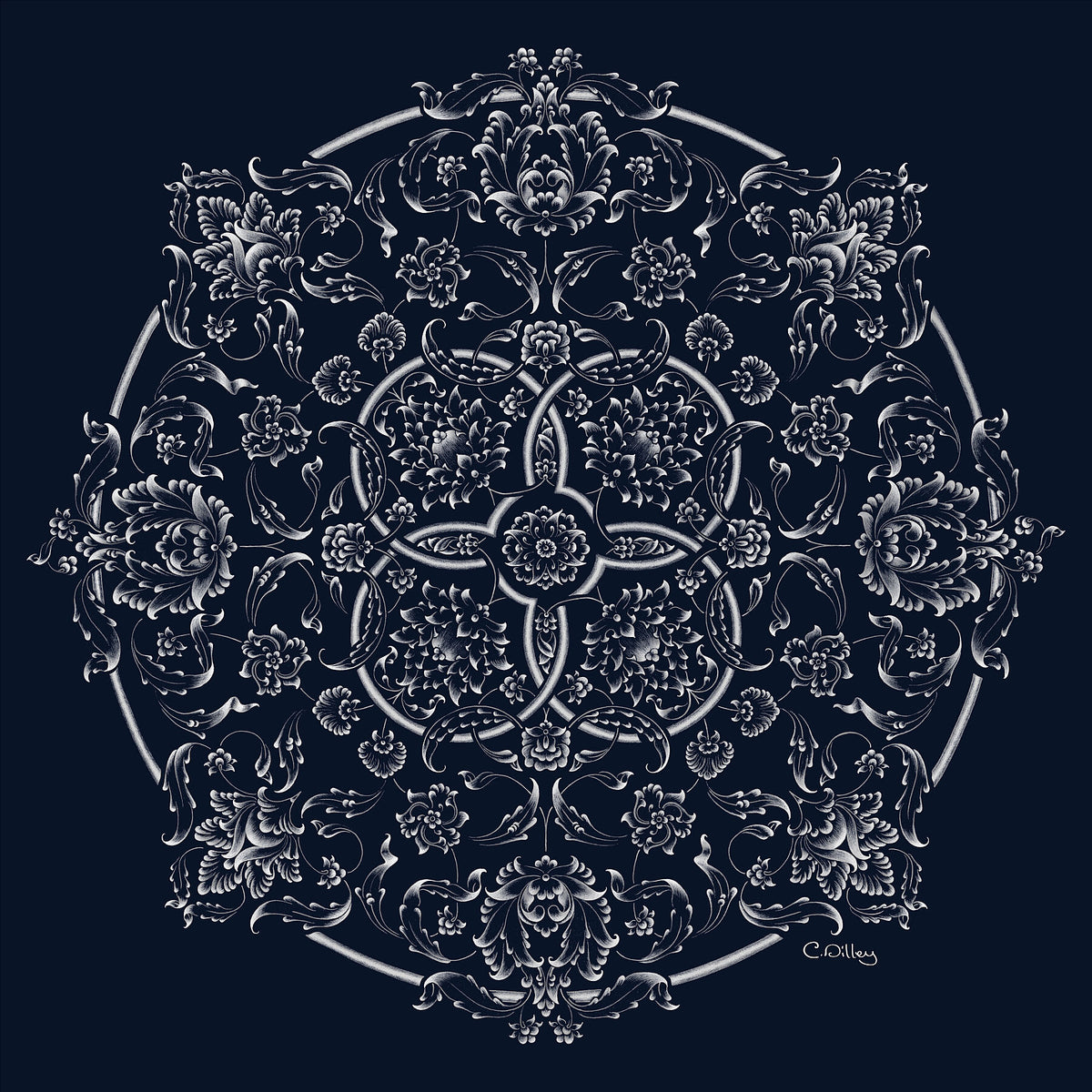 Elegant art print of white botanical motifs in a circular design against a indigo blue background