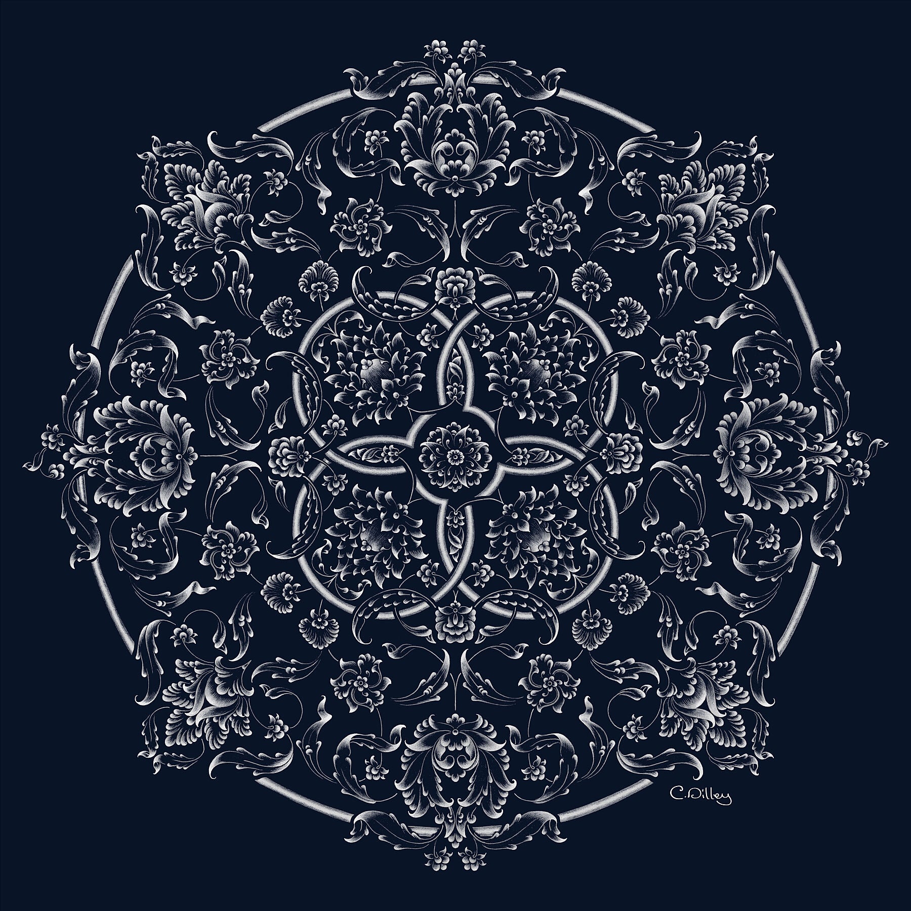 Elegant art print of white botanical motifs in a circular design against a indigo blue background