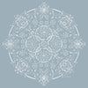 Elegant art print of white botanical motifs in a circular design against a pastel blue background