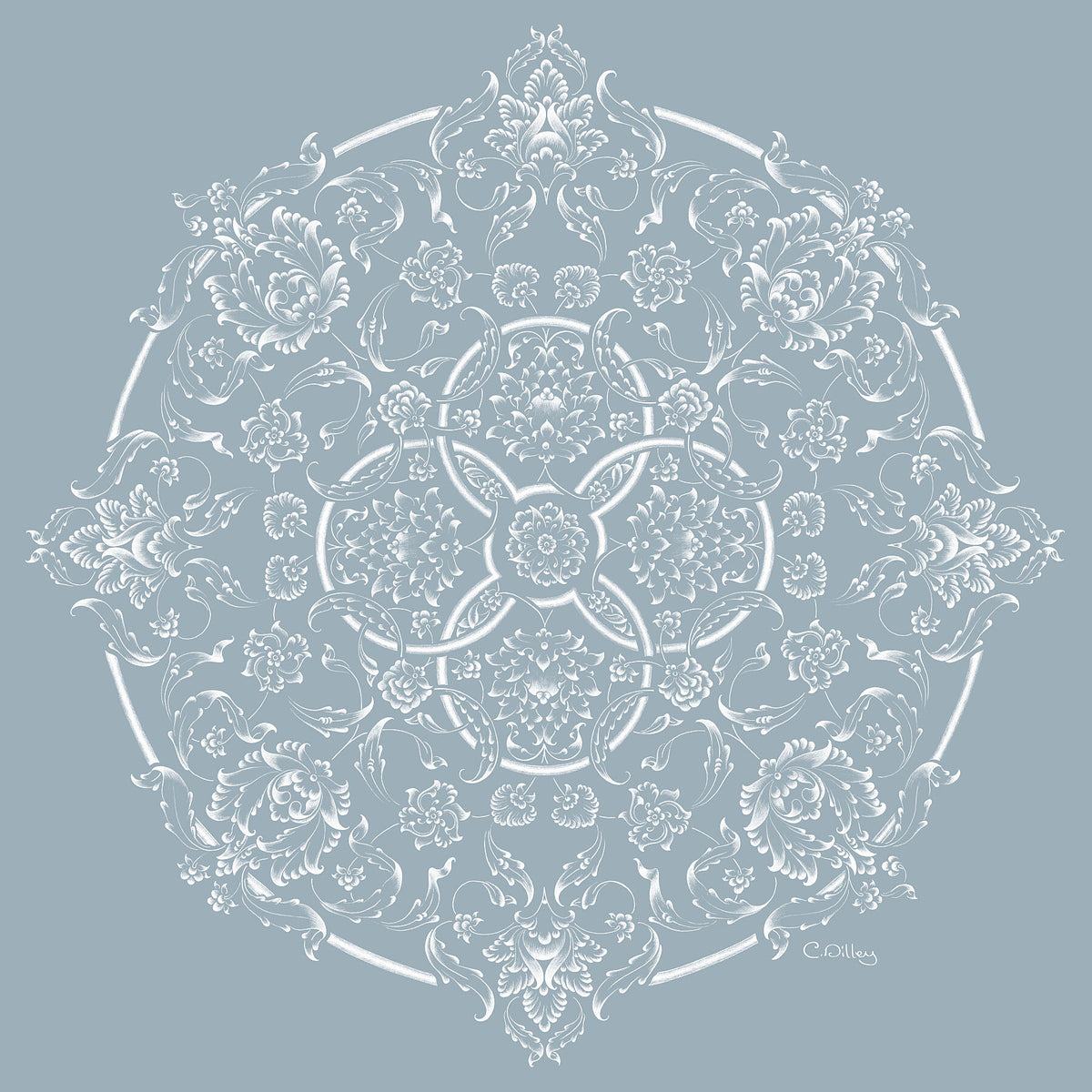 Elegant art print of white botanical motifs in a circular design against a pastel blue background