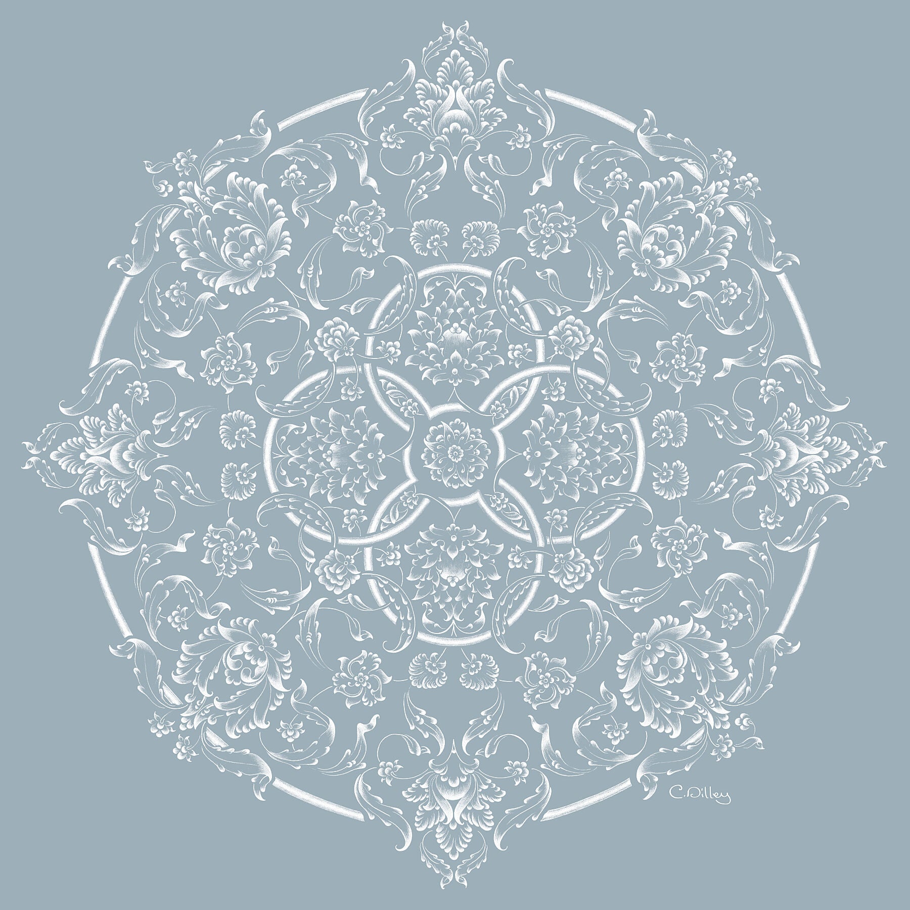 Elegant art print of white botanical motifs in a circular design against a pastel blue background