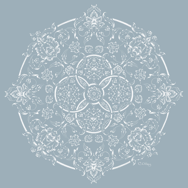 Elegant art print of white botanical motifs in a circular design against a pastel blue background