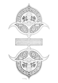 Elegant art print of monochromatic design of palmettes and tendrils in shaded graphite
