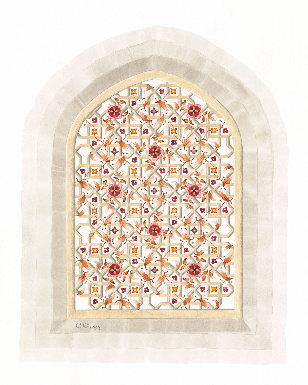 Elegant art print of watercolour geometric lattice window arch with intertwining autumnal leaves and flowers